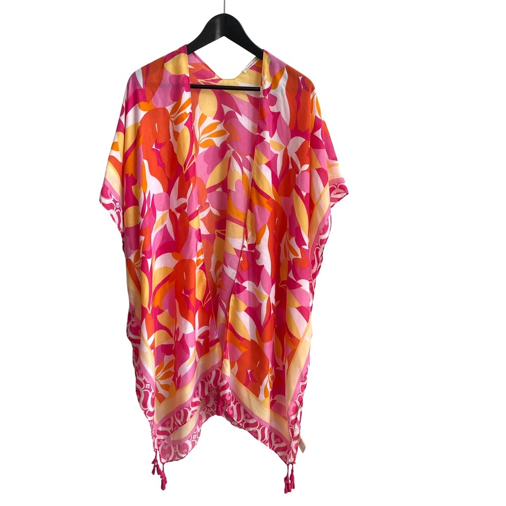 Do Everything In Love Kimono Women OS Pink Tropical Boho Tassel Cover‎ Up Floral